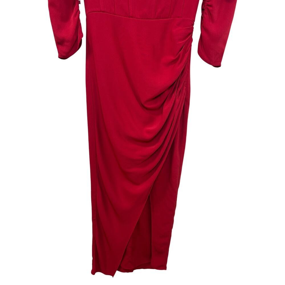 SELF-PORTRAIT, Crepe Midi Dress Puff Sleeve Side-Split Stretch Red SZ 0 US, 4 UK - Picture 6 of 14